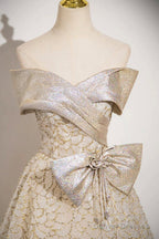 Champagne Tulle Sequins Long Prom Dress, Off The Shoulder Evening Party Dress