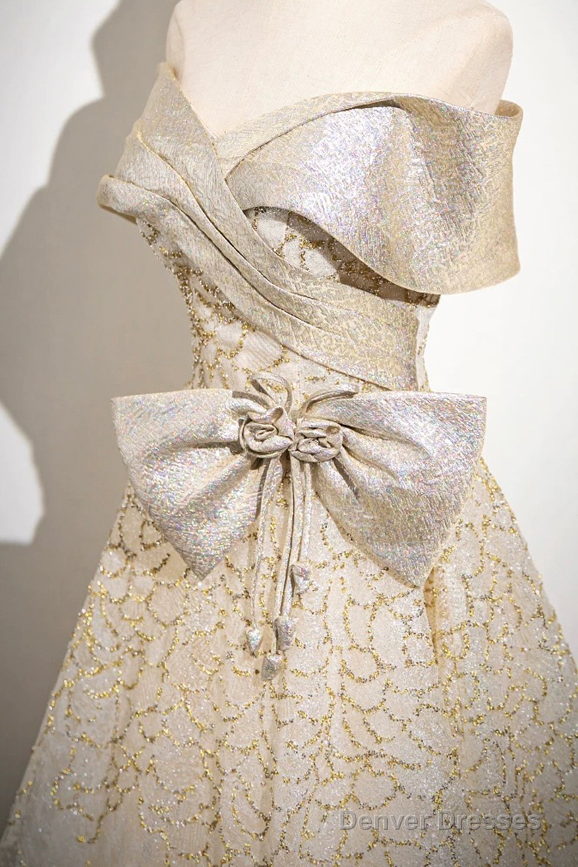 Champagne Tulle Sequins Long Prom Dress, Off The Shoulder Evening Party Dress
