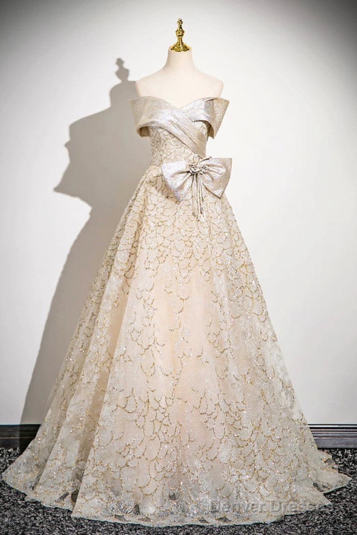 Champagne Tulle Sequins Long Prom Dress, Off The Shoulder Evening Party Dress