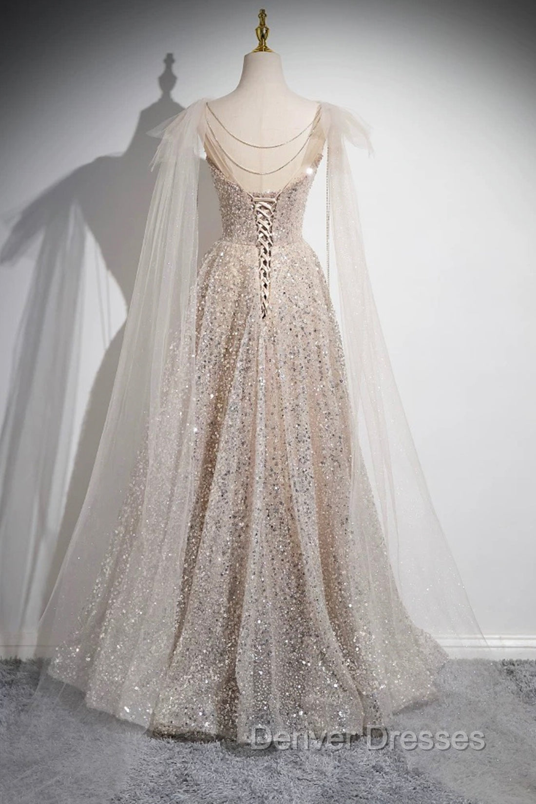Champagne Tulle Sequins Long Prom Dress, Shiny A-Line Party Dress