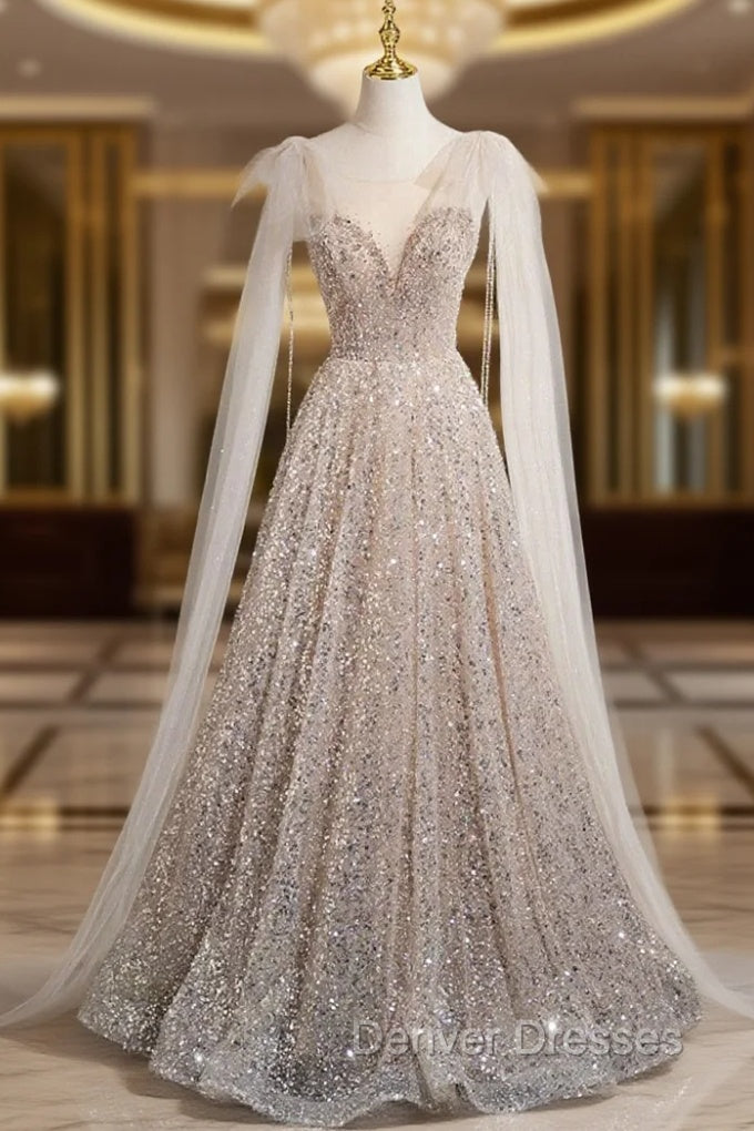 Champagne Tulle Sequins Long Prom Dress, Shiny A-Line Party Dress Main image