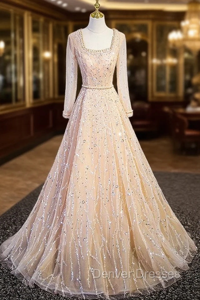 Champagne Tulle Sequins Long Sleeve Prom Dress