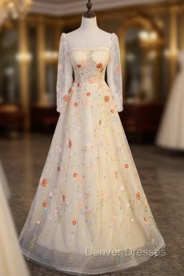 Champagne Tulle Sequins Long Sleeve Square Prom Dress