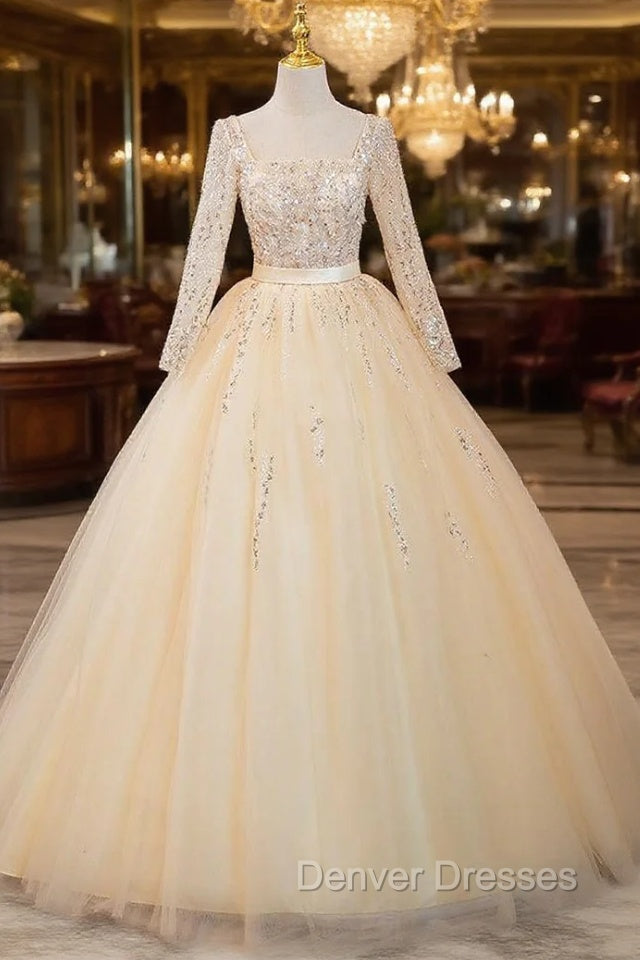 Champagne Tulle Sequins Long Sleeve Square Quinceanera Dress
