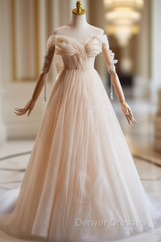 Champagne Tulle Sequins Off the Shoulder Butterfly Prom Dress