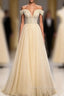 Champagne Tulle Sequins Off the Shoulder Pearls Prom Dress