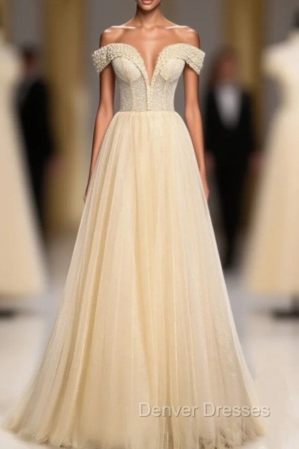 Champagne Tulle Sequins Off the Shoulder Pearls Prom Dress Main image