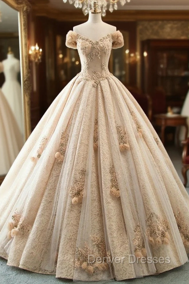 Champagne Tulle Sequins Off The Shoulder With Long Train Wedding Dress Main image