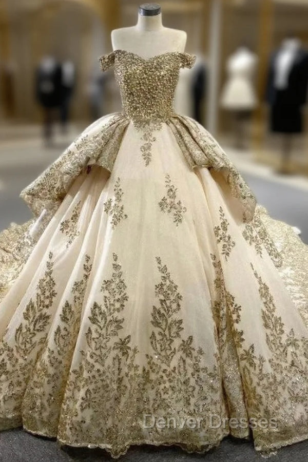 Champagne Tulle Sequins Pearls Off the Shoulder Prom Dress Main image