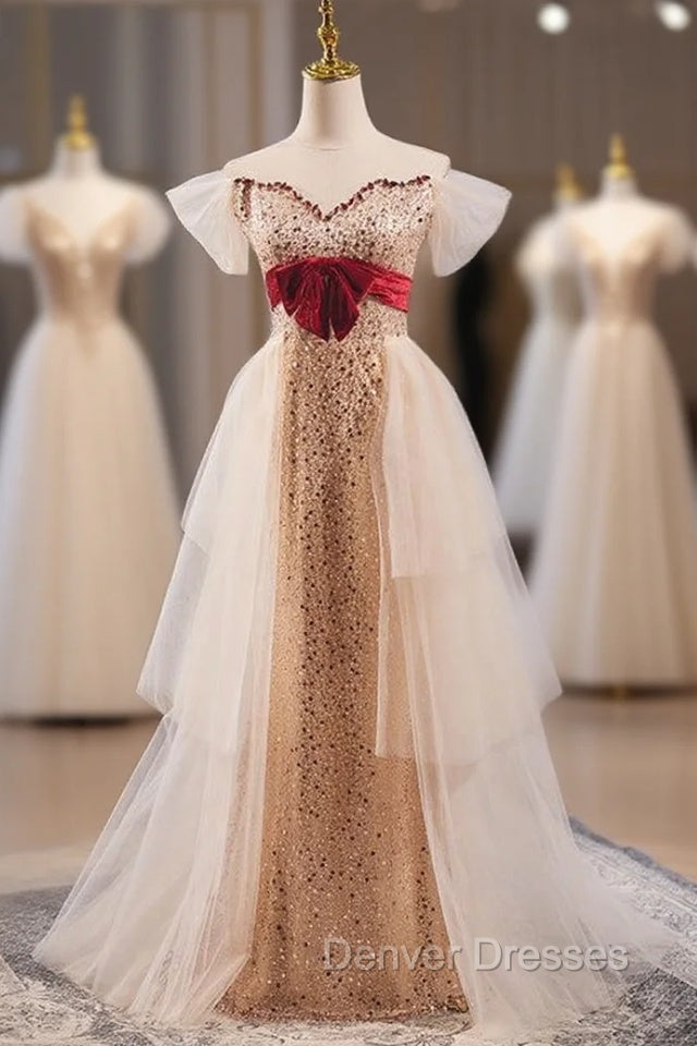 Champagne Tulle Sequins Pearls Prom Dress Main image