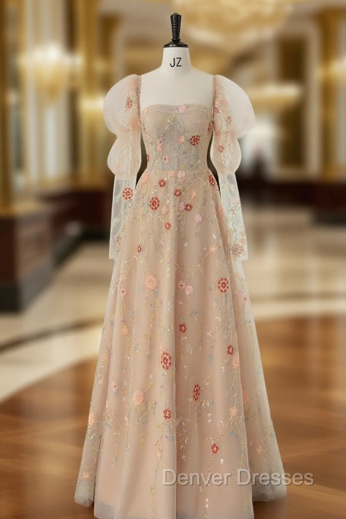 Champagne Tulle Sequins Prom Dress With Detachable Long Sleeve