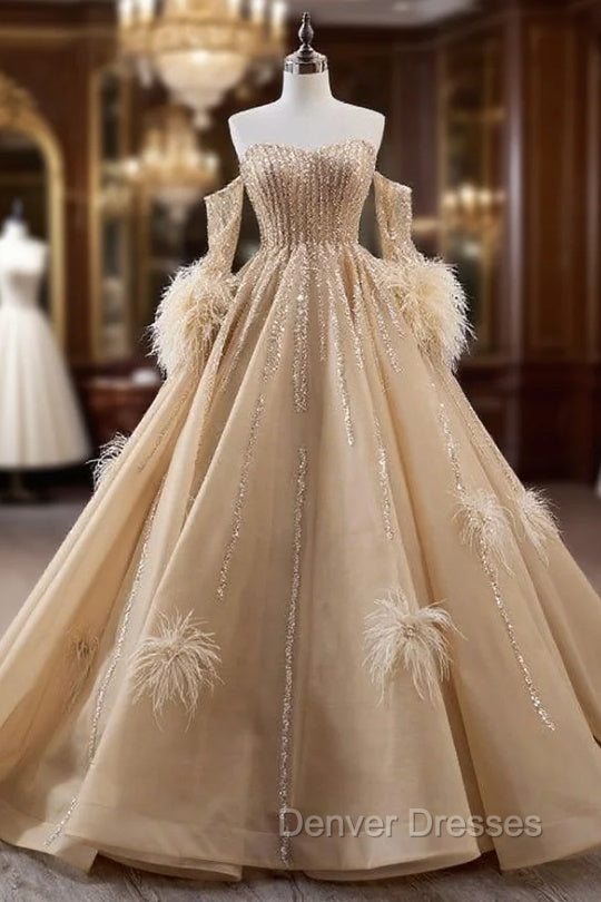 Champagne Tulle Sequins Prom Dress With Detachable Sleeve