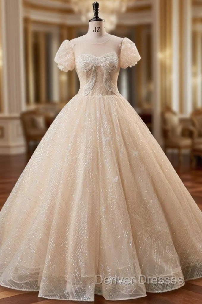 Champagne Tulle Sequins Puff Sleeve Backless Quinceanera Dress Main image