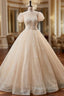 Champagne Tulle Sequins Puff Sleeve Backless Quinceanera Dress