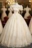 Champagne Tulle Sequins Puff Sleeve Quinceanera Dress