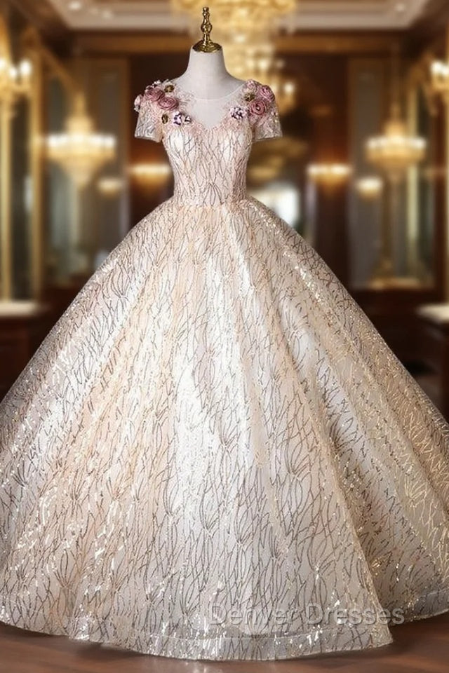 Champagne Tulle Sequins Short Sleeve 3D Flower Quinceanera Dress