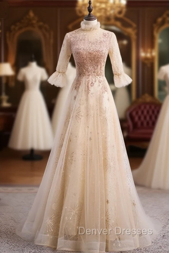 Champagne Tulle Sequins Short Sleeve Beading Prom Dress Main image