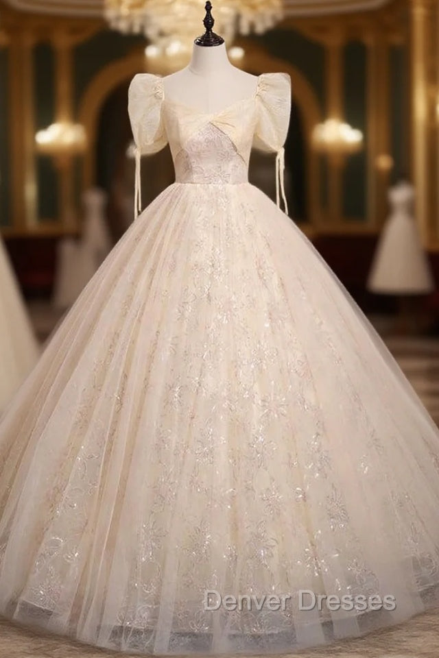 Champagne Tulle Sequins Short Sleeve Quinceanera Dress