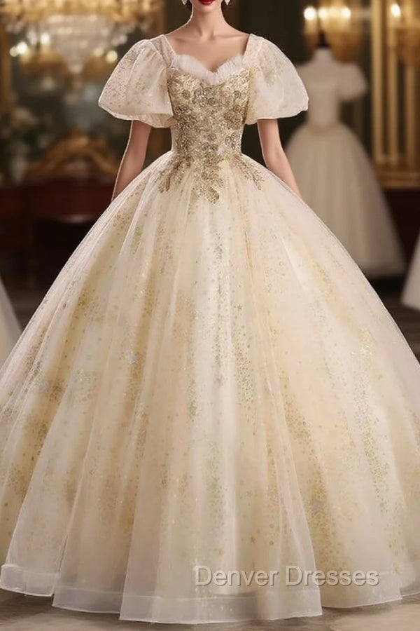 Champagne Tulle Sequins Square Puff Sleeve Quinceanera Dress