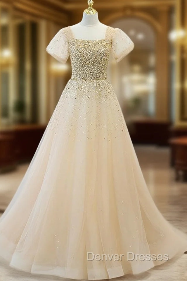 Champagne Tulle Sequins Square Short Sleeve Prom Dress Main image