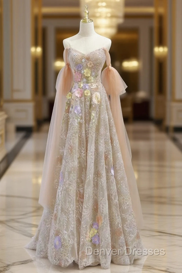 Champagne Tulle Sequins Strapless Appliques Prom Dres