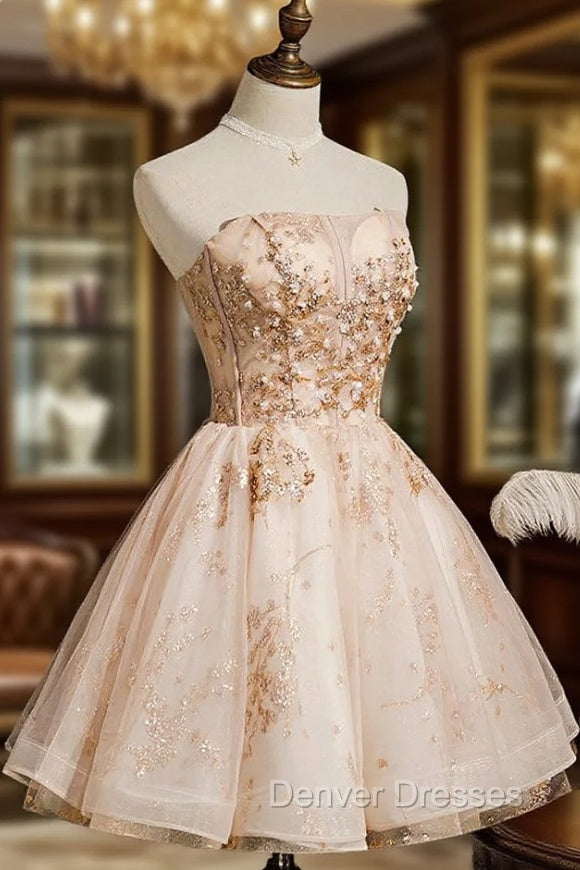 Champagne Tulle Sequins Strapless Homecoming Dress Main image