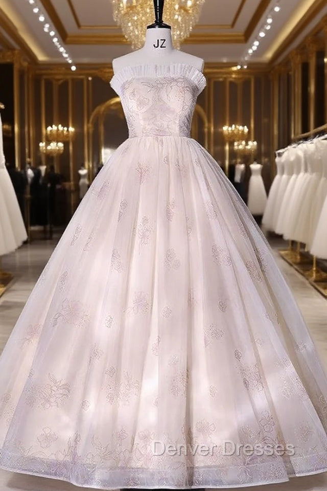 Champagne Tulle Sequins Strapless Quinceanera Dress