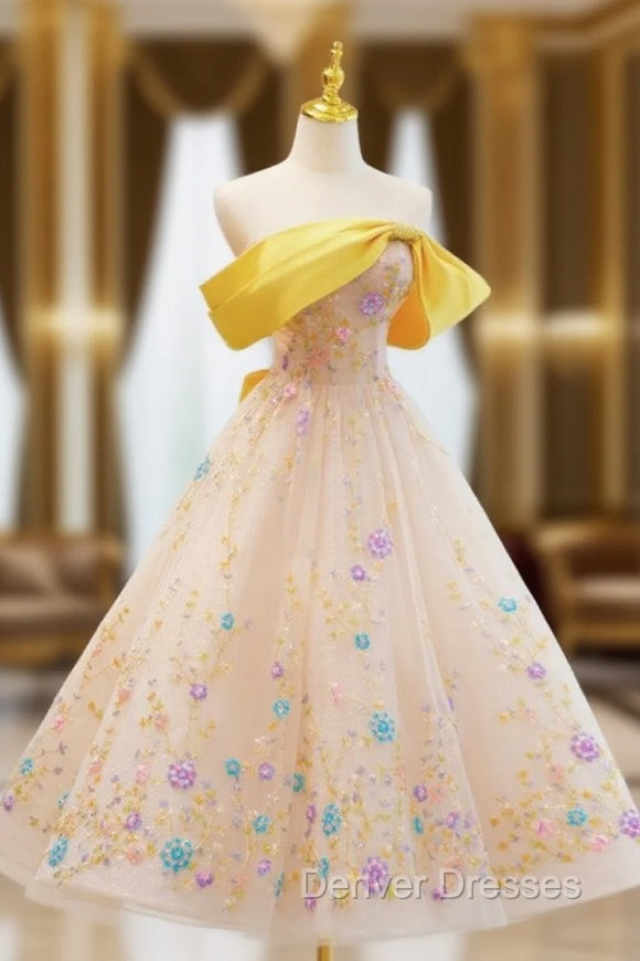 Champagne Tulle Sequins Strapless Tea Length Prom Dress Main image