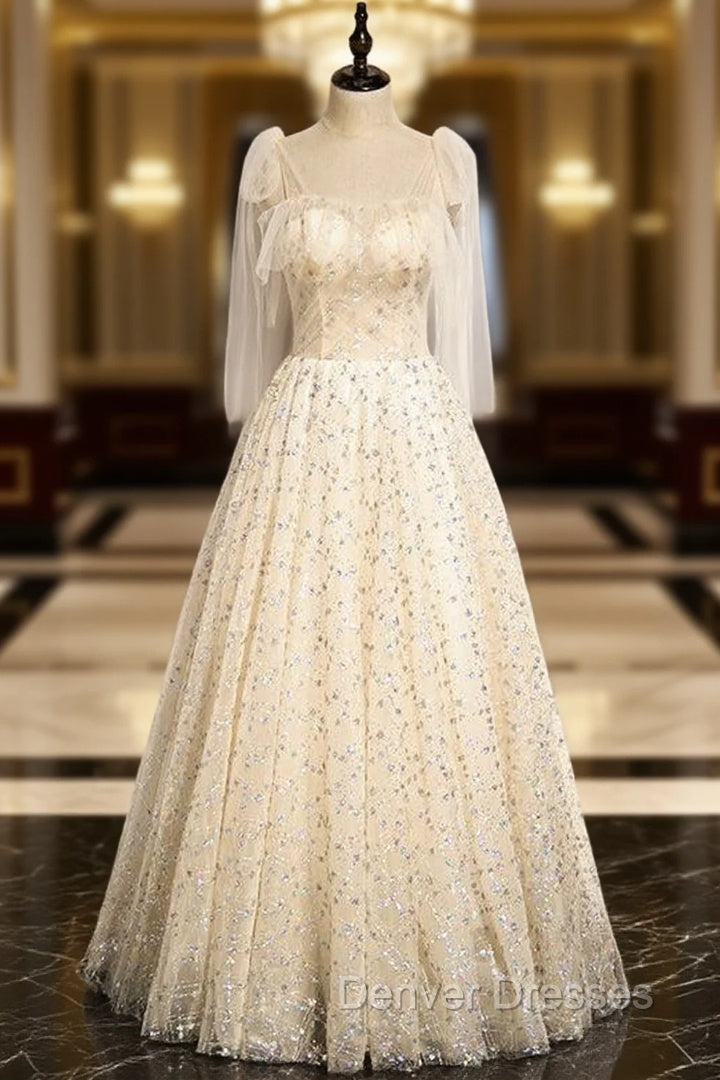 Champagne Tulle Sequins Straps Prom Dress