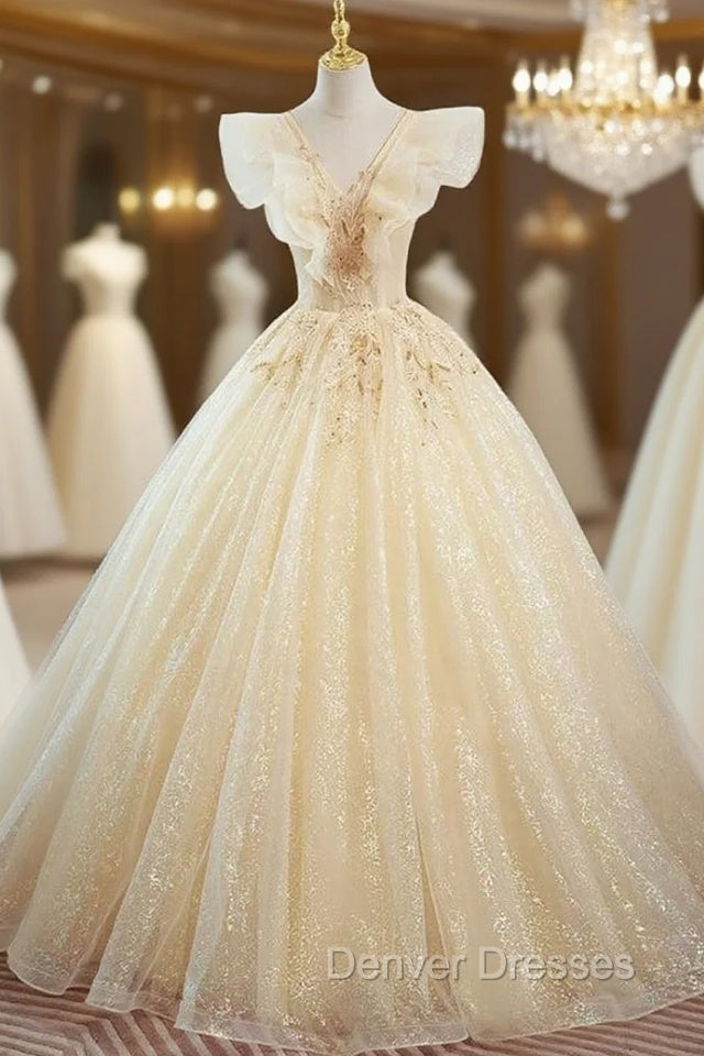 Champagne Tulle Sequins V-neck Beading Quinceanera Dress