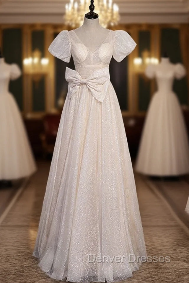 Champagne Tulle Sequins V-neck Bow Prom Dress Main image