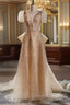Champagne Tulle Sequins V-neck Short Sleeve Prom Dress