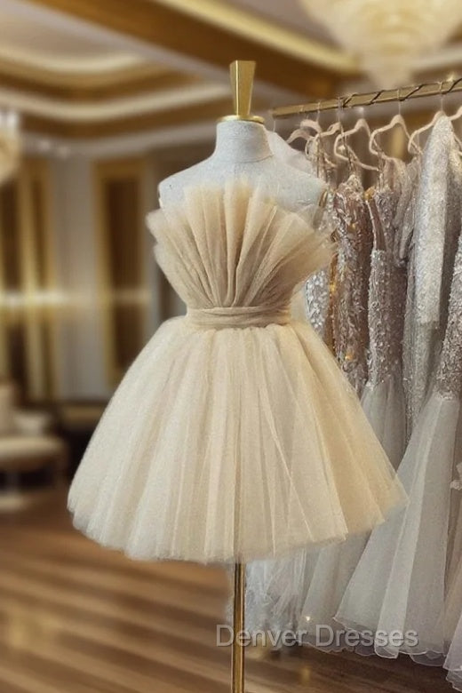 Champagne Tulle Short A-Line Prom Dress, Lovely Strapless Party Dress Main image
