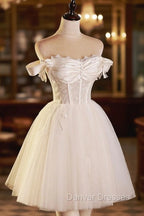 Champagne Tulle Short A-Line Prom Dress, Off the Shoulder Evening Party Dress