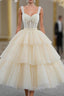 Champagne Tulle Short Prom Dress with Beaded, A-Line Tea Length Party Dress