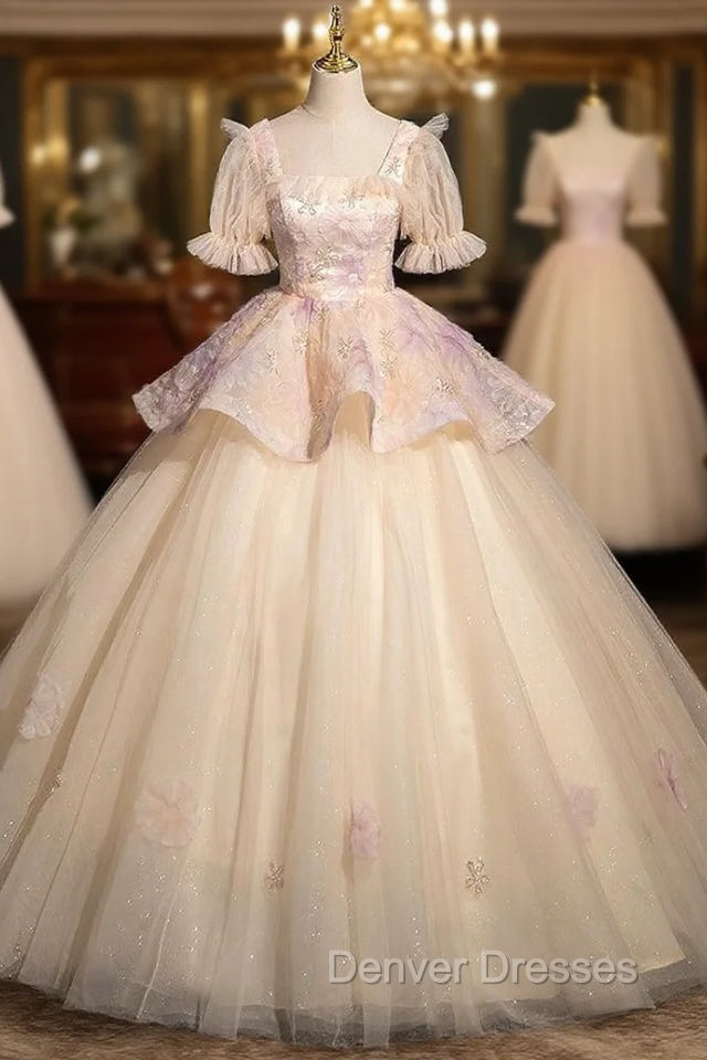 Champagne Tulle Short Sleeve Flower Sequins Quinceanera Dress Main image