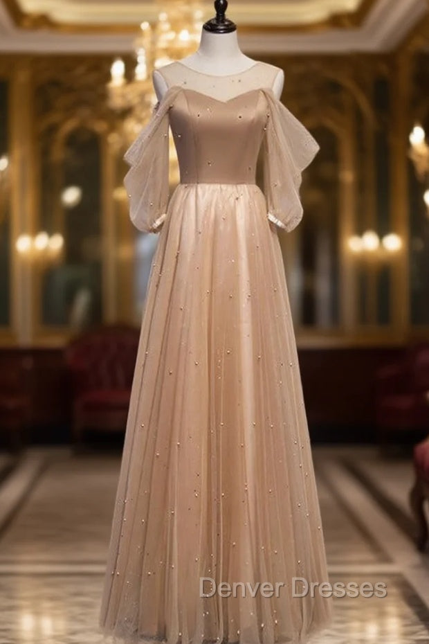 Champagne Tulle Short Sleeve Pearls Prom Dress Main image