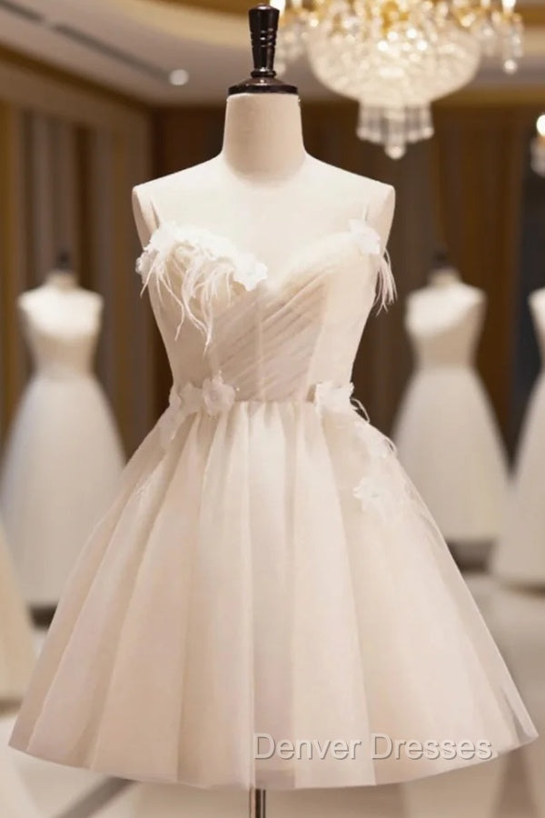 Champagne Tulle Spaghetti Straps Appliques Homecoming Dress Main image