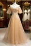 Champagne Tulle Spaghetti Straps Beading Prom Dress