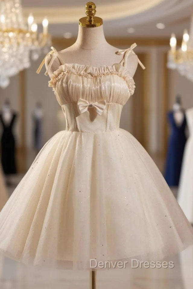 Champagne Tulle Spaghetti Straps Bow Homecoming Dress