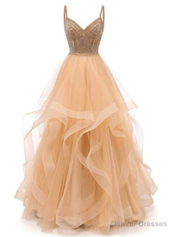 Champagne Tulle Spaghetti Straps Tulle Prom Dress With Beading Main image