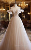 Champagne Tulle Spaghtti Straps Beading Wedding Dress
