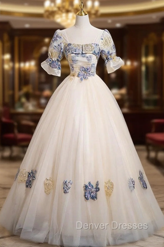 Champagne Tulle Square Neck Short Sleeve Quinceanera Dress