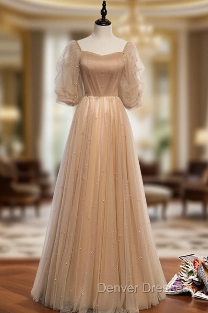 Champagne Tulle Square Puff Sleeve Pearls Prom Dress