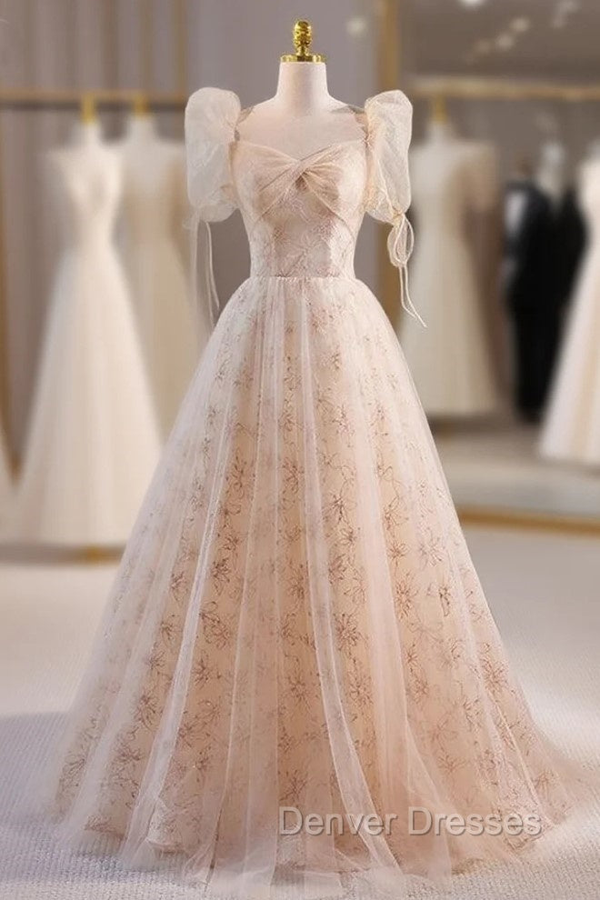Champagne Tulle Square Puff Sleeve Prom Dress
