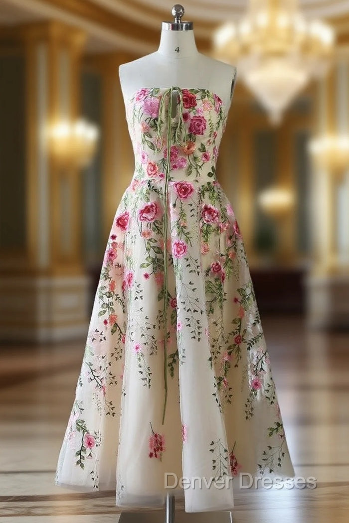 Champagne Tulle Strapless Embroidery Flower Prom Dress Main image