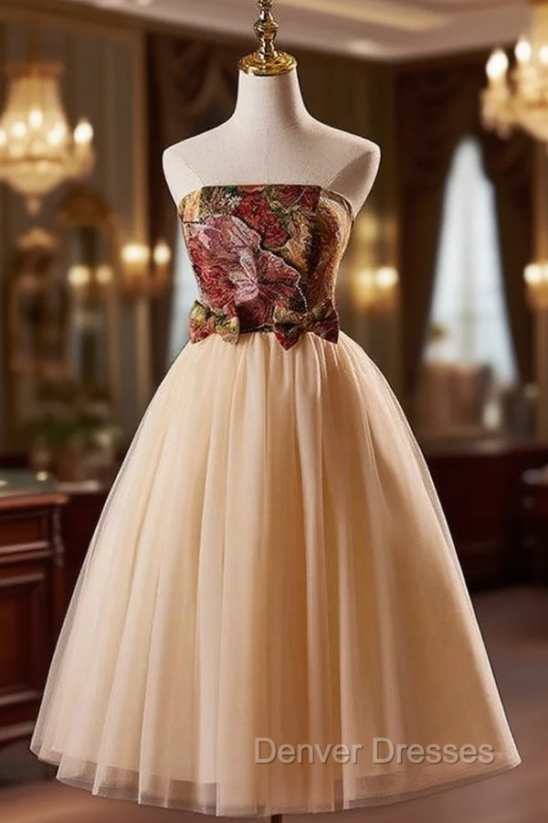 Champagne Tulle Strapless Tea Length Homecoming Dress Main image
