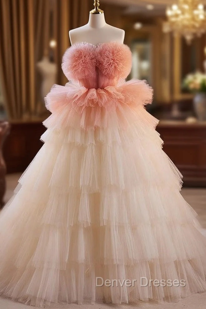 Champagne Tulle Strapless Tiers Prom Dress Main image