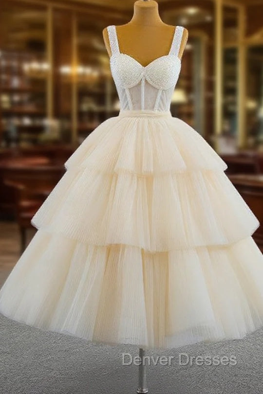 Champagne Tulle Straps Tiers Beading Short Prom Dress
