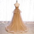 Champagne Tulle Sweetheart Straps Long Ball Gown Prom Dress, Champagne Party Dress